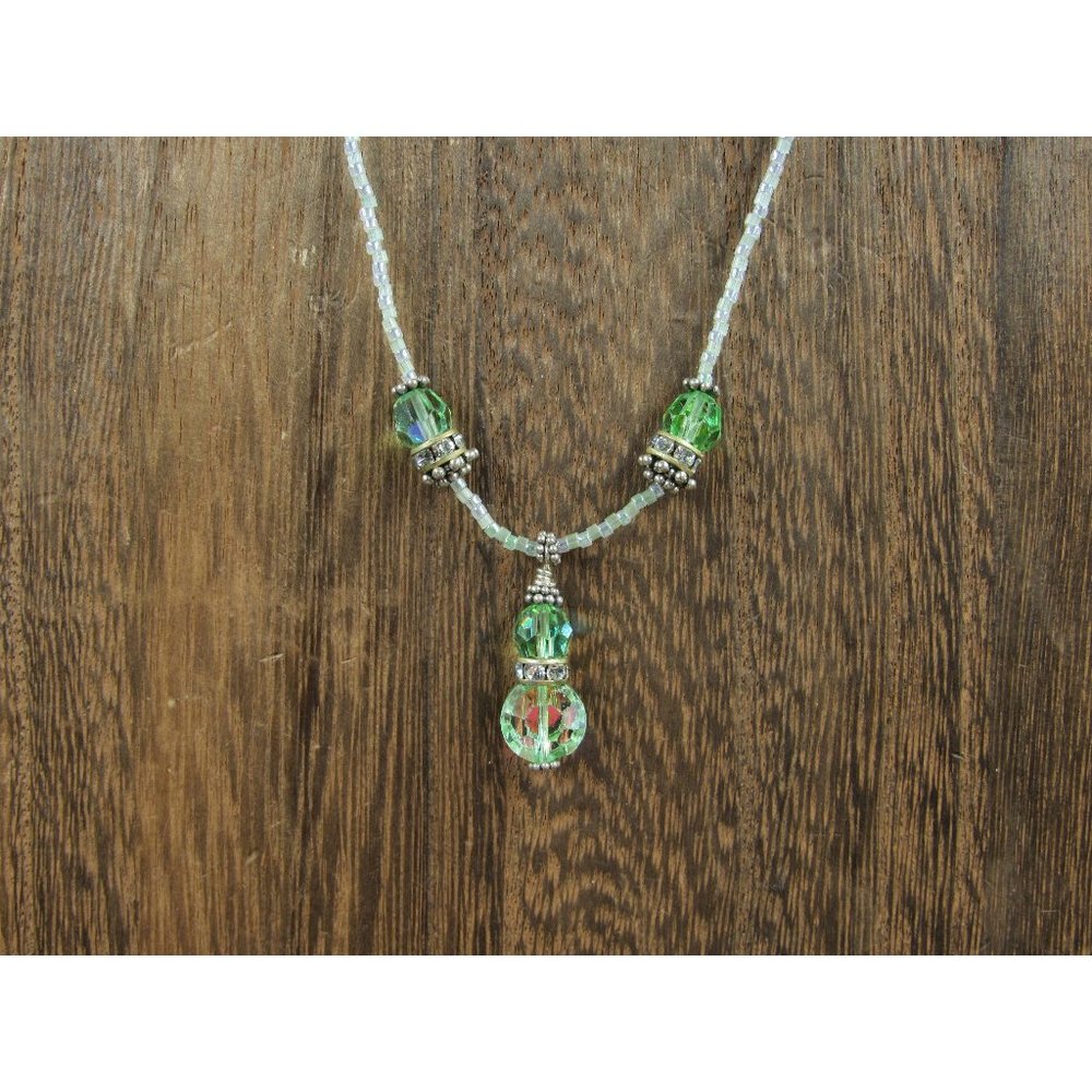 16" Sterling Silver Beaded And Light Green Crystal Necklace Vintage Minimalist